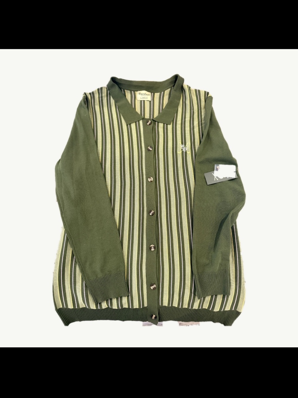 Barstool Classics Olive Green Striped Polo-Front Cardigan